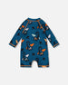 Printed Long Sleeve One-Piece Rashguard Orange Sloths On Navy Blue - G30NB15_038