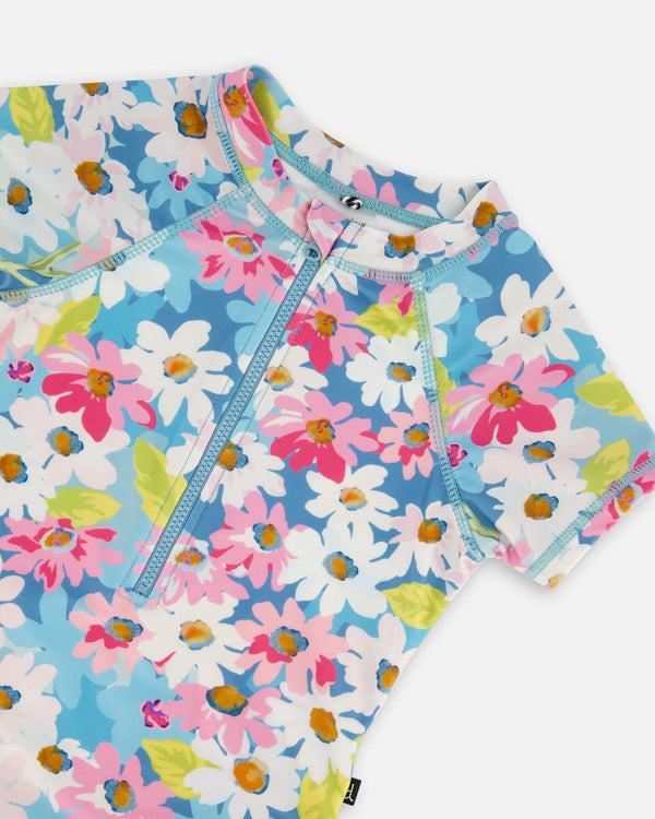 Printed Short Sleeve One-Piece Swimsuit With Frills White, Pink, And Green Flowers Swimwear Deux par Deux