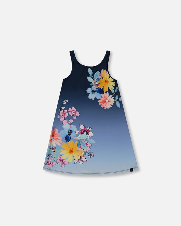 Printed Beach Dress Yellow, Pink Flowers On Navy Blue Background - G30NG29_484
