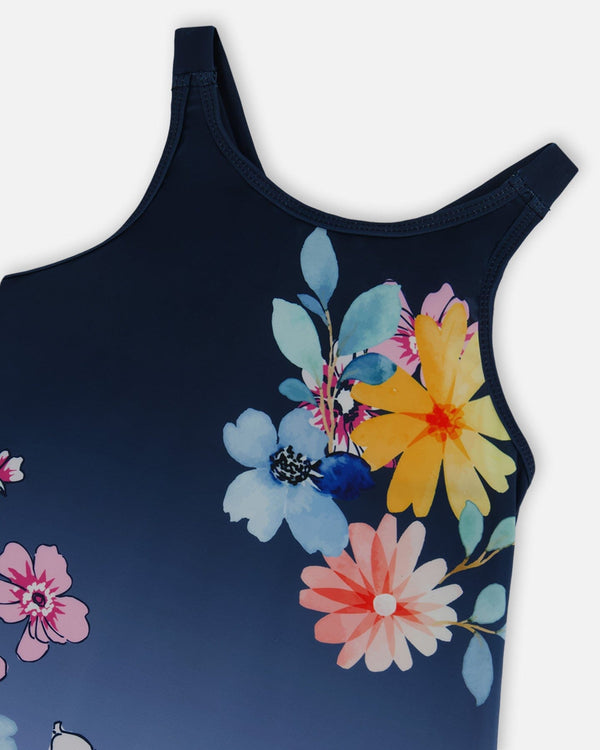 Printed Beach Dress Yellow, Pink Flowers On Navy Blue Background - G30NG29_484