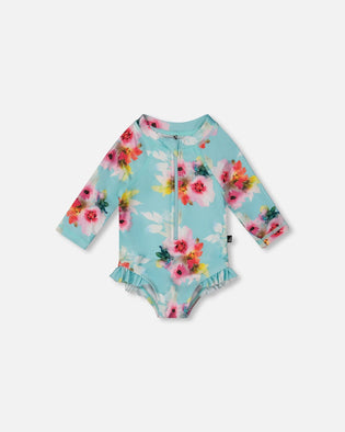 Printed One-Piece Rashguard With Frills Turquoise And Pink Flowers Swimwear Deux par Deux