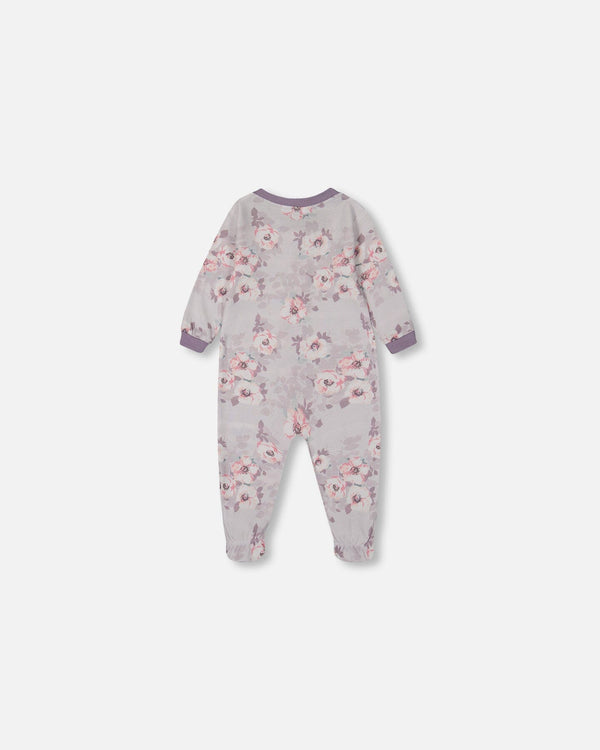 Printed Organic Cotton One-Piece Pajama Pale Pink Flowers On Neutral Lilac Pajamas Deux par Deux