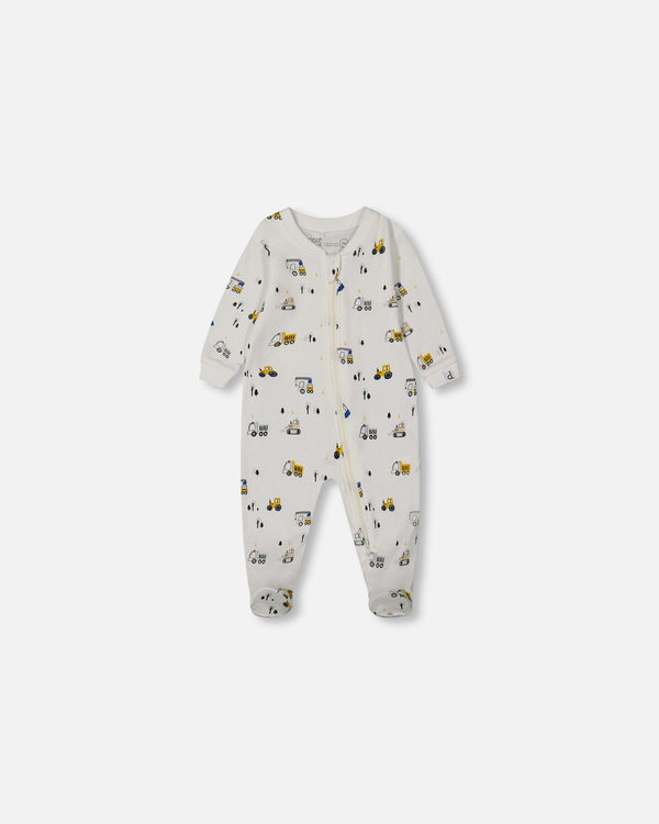 Printed Organic Cotton One-Piece Pajama Off-White And Multi Truck Pajamas Deux par Deux