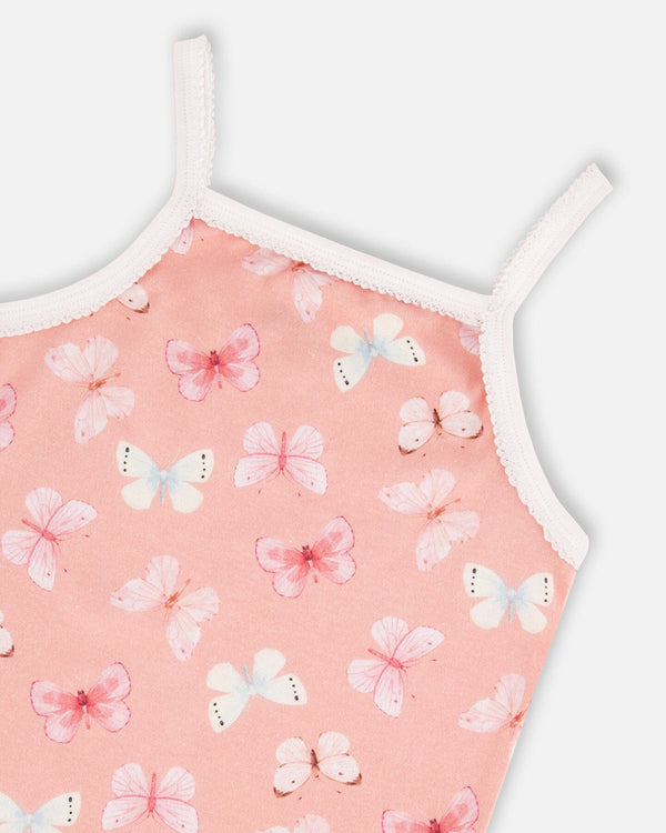 Printed Organic Cotton Tank Top Pink And Blue Butterflies On Old Pink Underwear Deux par Deux