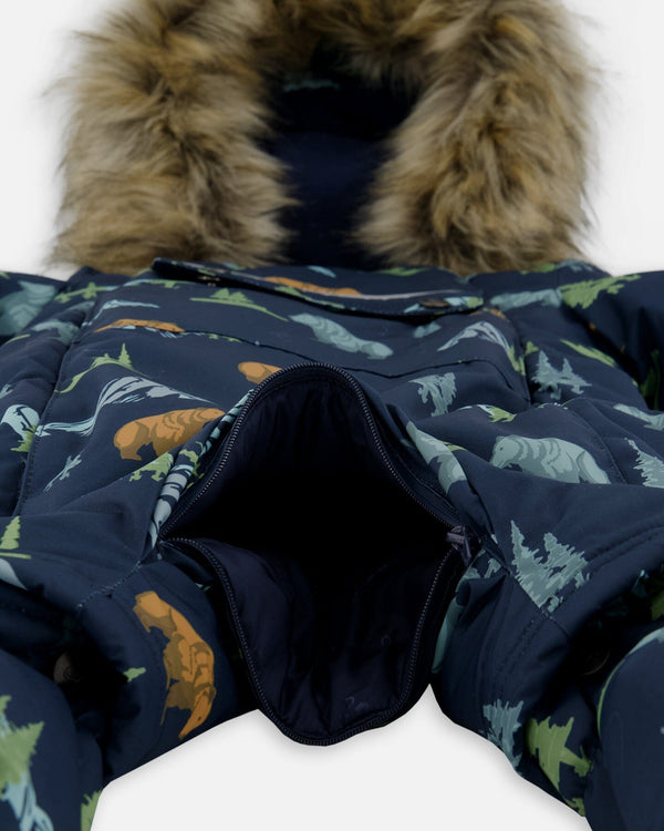 One-Piece Baby Play Snowsuit Designed For Car Seat Navy Animal Print - H10PBB75_030