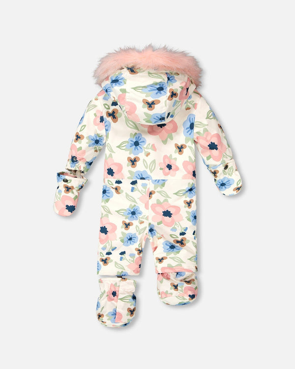 One-Piece Baby Play Snowsuit Designed For Car Seat Off-White Flower Print - H10PBG74_009