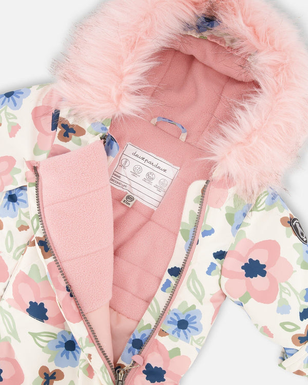 One-Piece Baby Play Snowsuit Designed For Car Seat Off-White Flower Print - H10PBG74_009