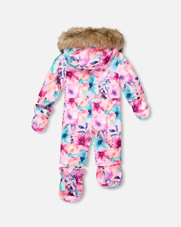 One-Piece Baby Play Snowsuit Designed For Car Seat Pink Watercolor Flower Print - H10PBG74_012