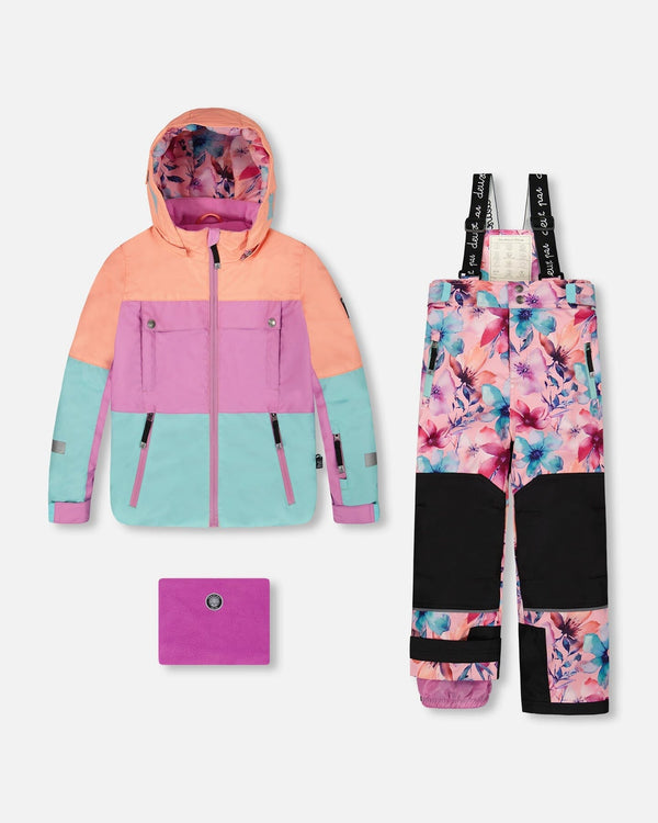 Two-Piece Teknik Snowsuit With Colorblocked Jacket Pink Watercolor Flower Print - H10TG92_012