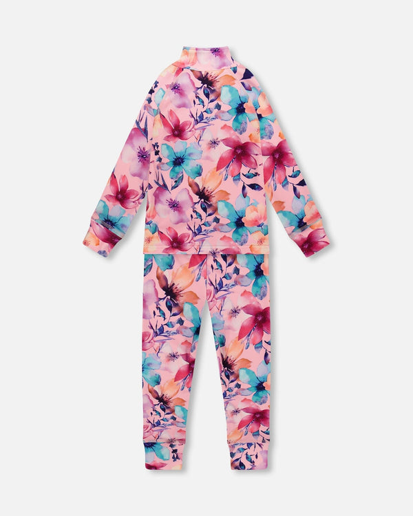 Two-Piece Thermal Underwear Set Pink Watercolor Flower Print - H10Y600_012