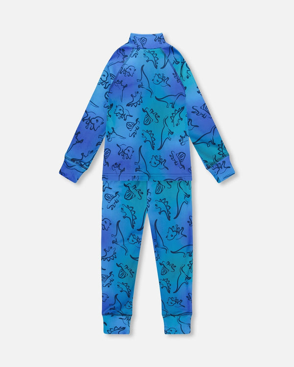 Two-Piece Thermal Underwear Set Blue Gradient Dinosaur Print - H10Y600_027