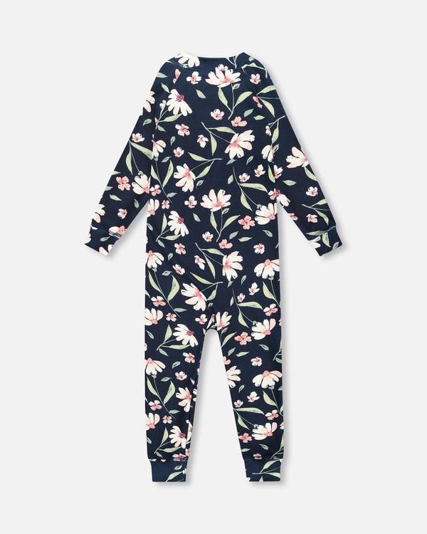 One-Piece Thermal Underwear Navy Flower Print - H10Y700_016