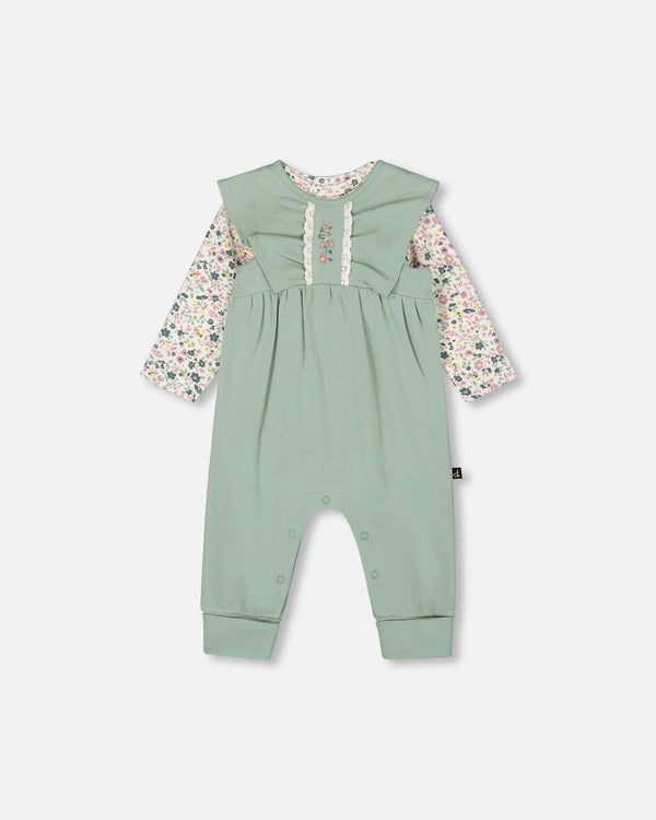 Organic Cotton Bodysuit And Sleeveless Overalls Set Jade Green - H20A12_325
