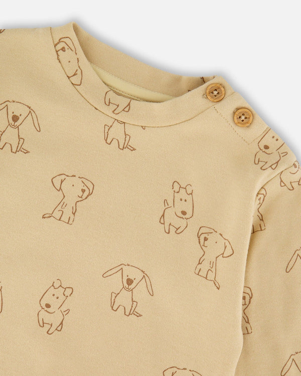 Organic Cotton Pant And Top Set Beige Printed Dogs - H20C10_043