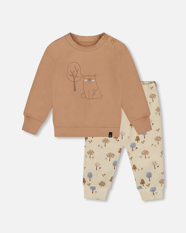 Organic Cotton Pant And Top Set Beige Tree Print - H20D11_052
