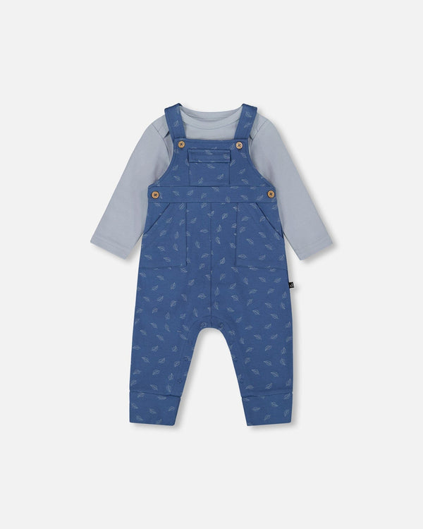 Organic Cotton Onesie And Overalls Set Blue Leaf Print - H20D13_053