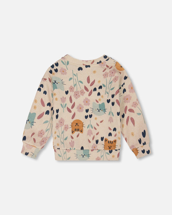 Glittering French Terry Sweatshirt Beige Cat Print - H20E32_055