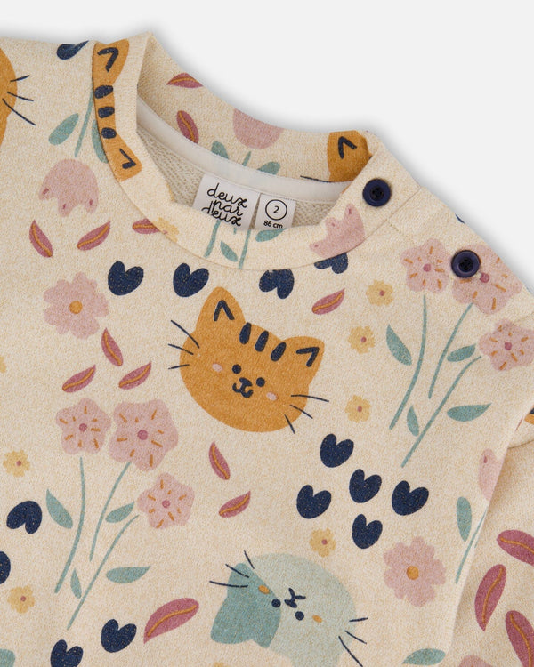 Glittering French Terry Sweatshirt Beige Cat Print - H20E32_055