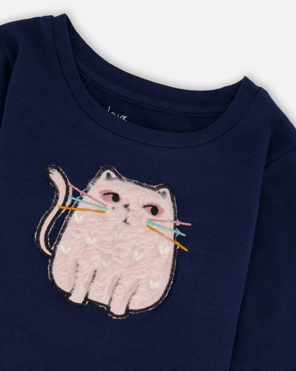 Organic Cotton T-Shirt Dark Blue With Cat - H20E70_499