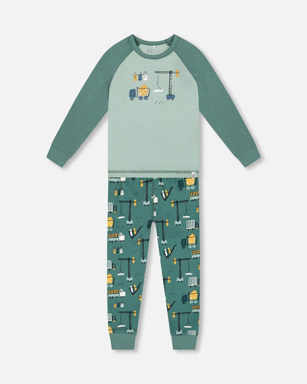 Two-Piece Organic Cotton Pajama Set Teal Construction Print - H20PB10US_065
