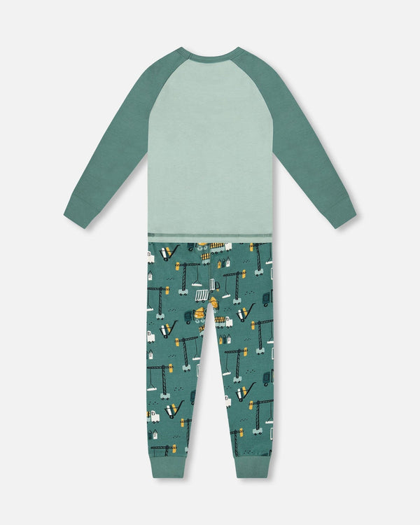 Two-Piece Organic Cotton Pajama Set Teal Construction Print - H20PB10US_065