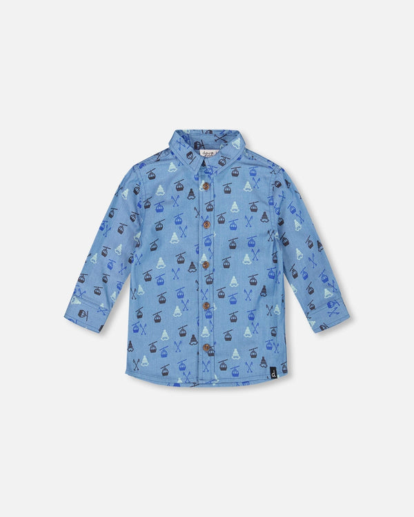 Printed Long Sleeve Button Front Chambray Shirt Blue - H20T15_000