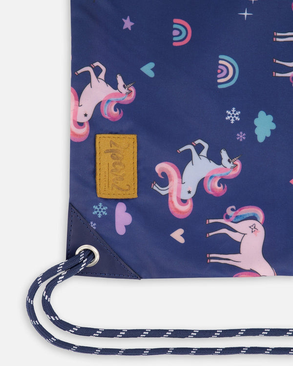 Drawstring Bag Navy Unicorn Print - H20ZSC_037