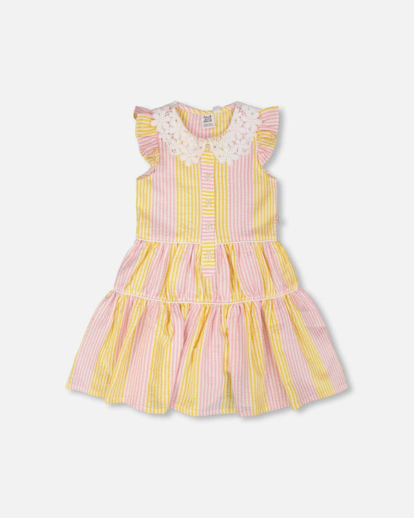 Sleeveless Dress With Crochet Peter Pan Collar Pink And Yellow Stripes - H30I85_3H137