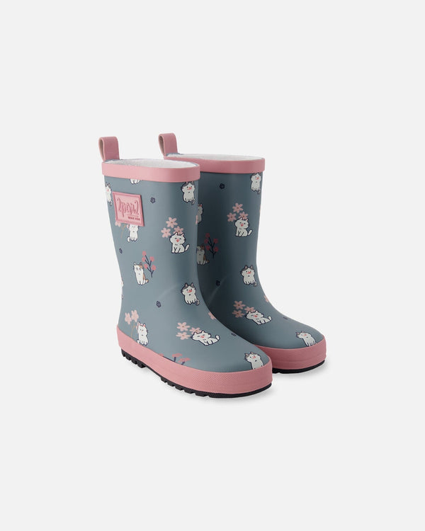 Rain Boots In Natural Rubber Green Cat Print - H30WB10_3H001