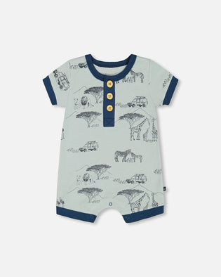 Organic Cotton Romper Sage With Printed Jungle - F30D40_076