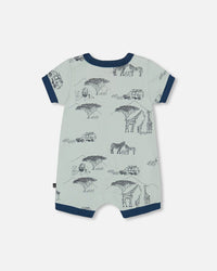 Organic Cotton Romper Sage With Printed Jungle - F30D40_076