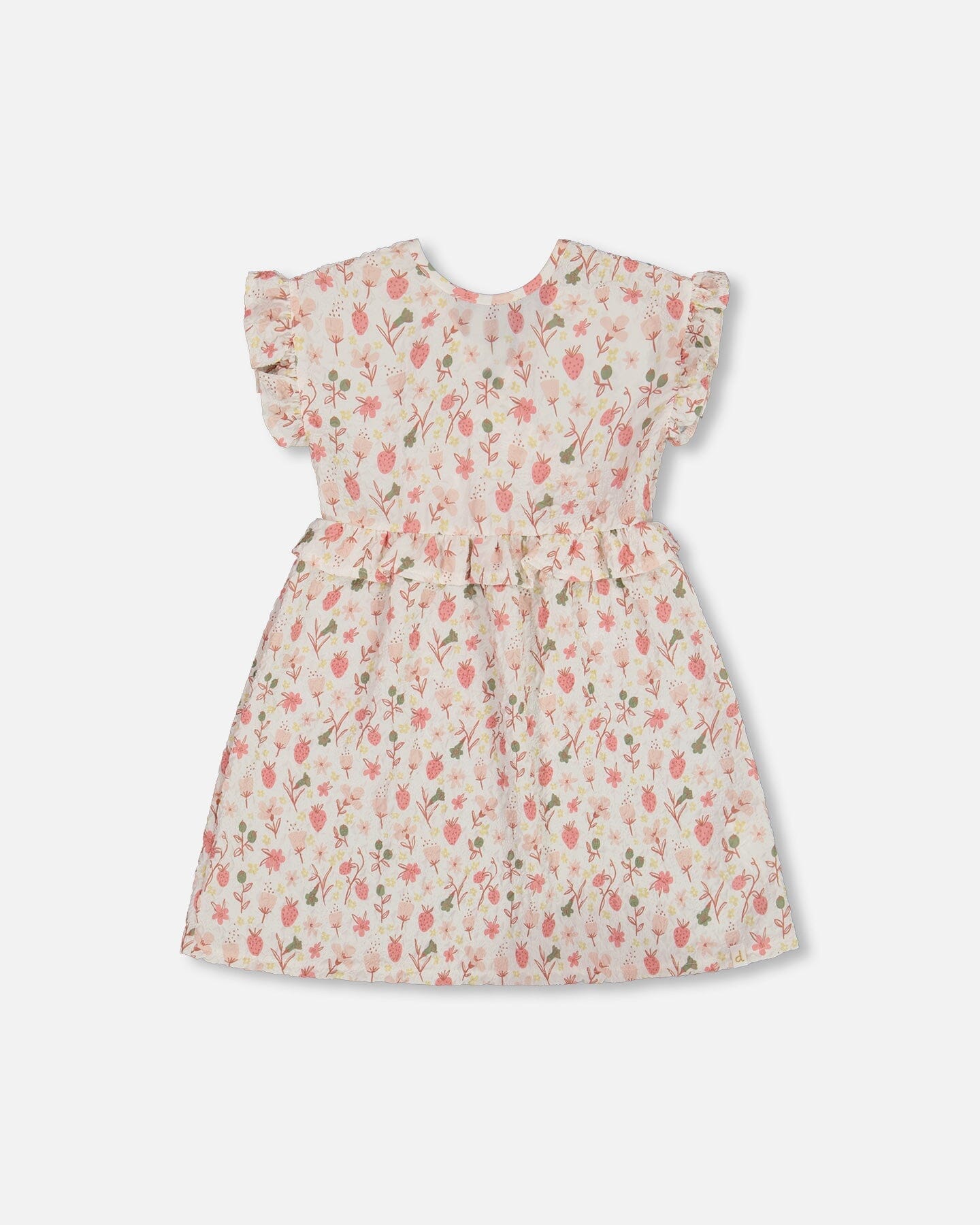 Printed Seersucker Dress With Frill Pink Flowers On Cream Background - G30I88_097