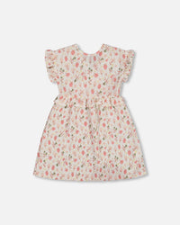 Printed Seersucker Dress With Frill Pink Flowers On Cream Background - G30I88_097