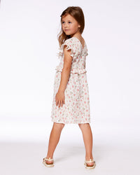 Printed Seersucker Dress With Frill Pink Flowers On Cream Background - G30I88_097