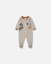 Printed Organic Cotton One-Piece Pajama Dinosaur On Mottled And Tan Background
