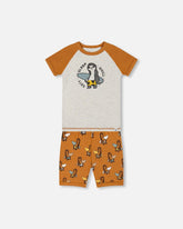 Organic Cotton Two-Piece Short Pajama Set Sloths On Tan And Mottled Background