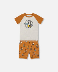 Organic Cotton Two-Piece Short Pajama Set Sloths On Tan And Mottled Background Pajamas Deux par Deux 12m 