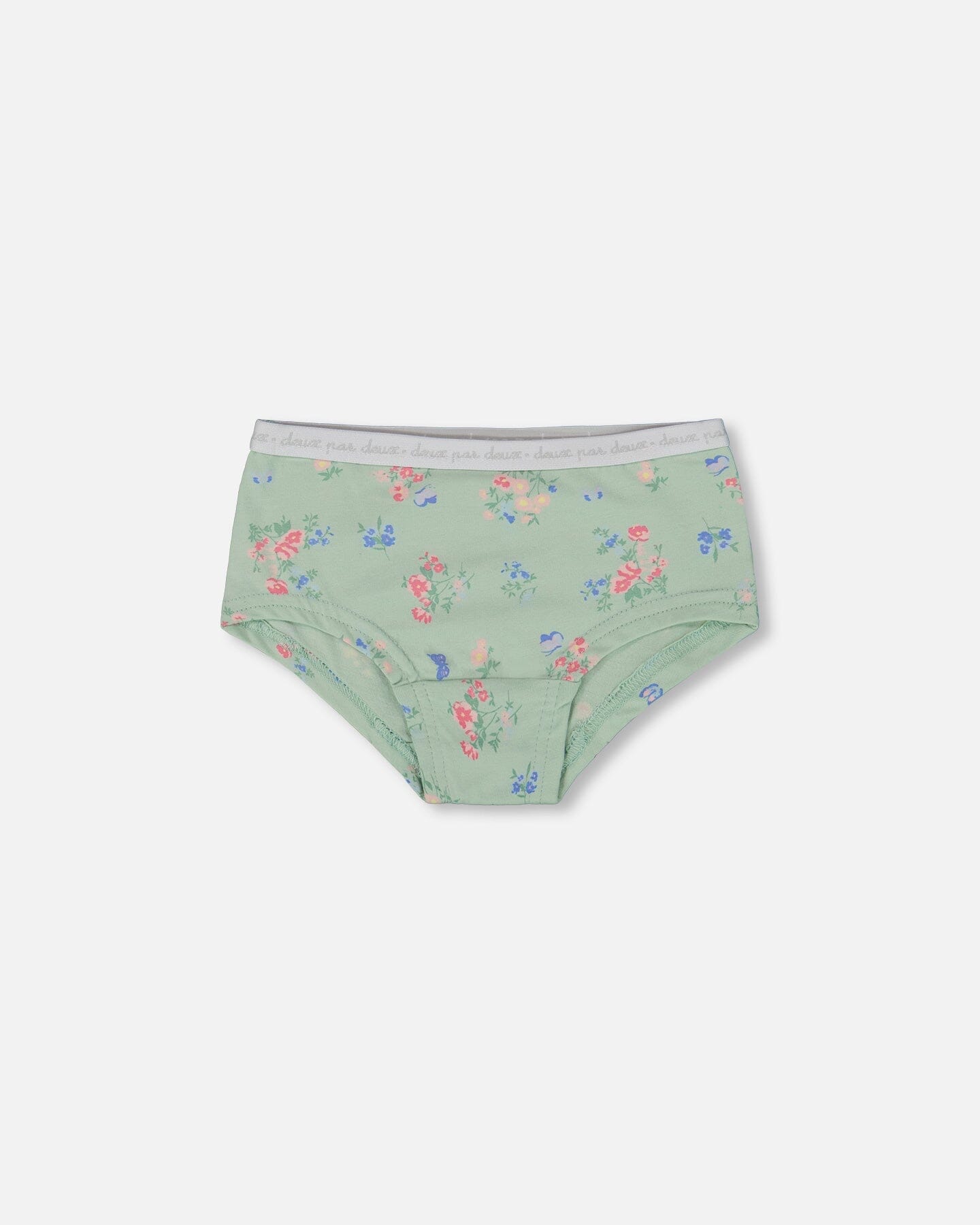 Printed Organic Cotton Boyshort Panty Small Pink And Blue Flowers On Light Sage - G30PG60_029