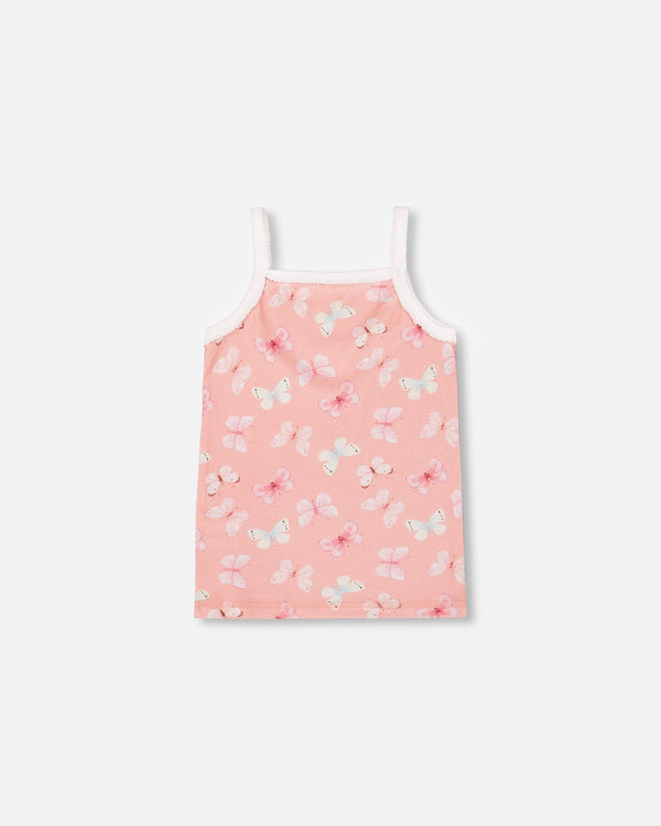 Printed Organic Cotton Tank Top Pink And Blue Butterflies On Old Pink Underwear Deux par Deux 