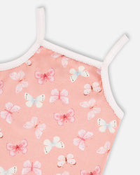 Printed Organic Cotton Tank Top Pink And Blue Butterflies On Old Pink Underwear Deux par Deux 