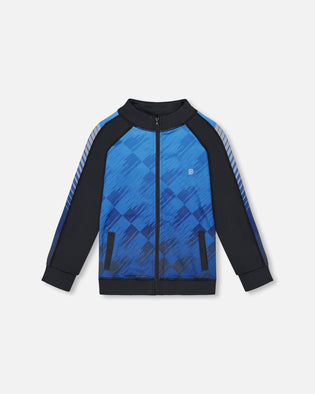 Printed Full Zip Athletic Cardigan Blue And Black - G30XB30_000