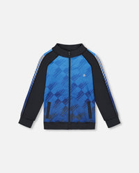 Printed Full Zip Athletic Cardigan Blue And Black - G30XB30_000