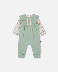 Organic Cotton Bodysuit And Sleeveless Overalls Set Jade Green - H20A12_325