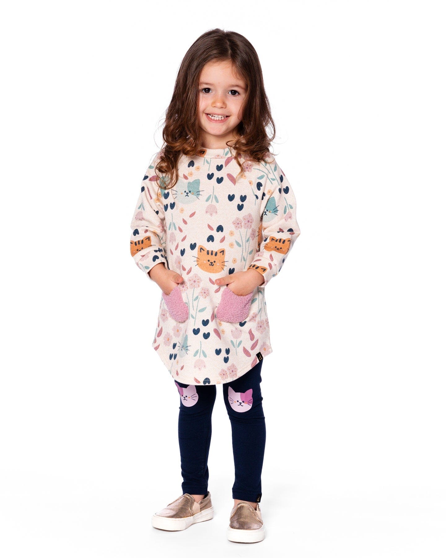 Glittering French Terry Dress Beige Printed Cat - H20E87_055