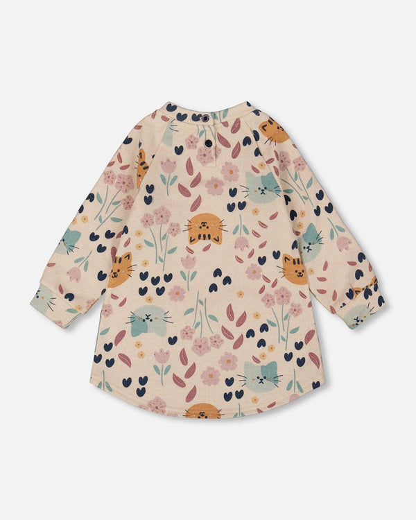 Glittering French Terry Dress Beige Printed Cat - H20E87_055