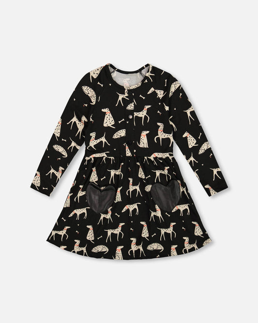 Half Button Jersey Dress Black Dalmatian Print - H20H87_075
