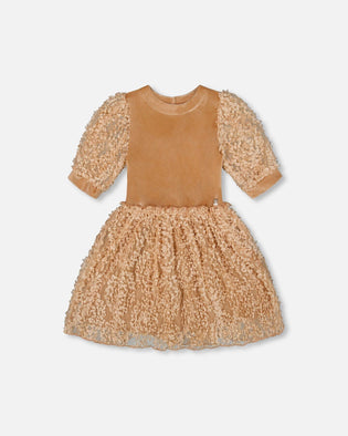 Puff Sleeve Bi-Material Velour And Lace Dress Light Caramel - H20Q89_116