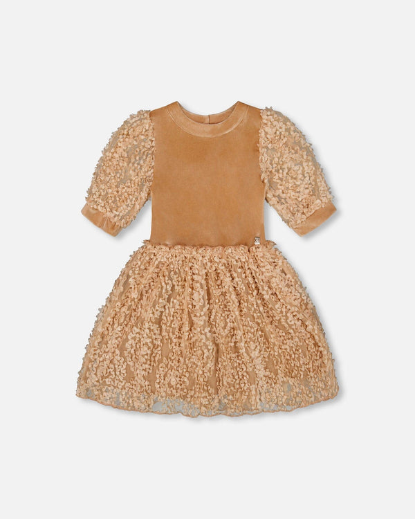 Puff Sleeve Bi-Material Velour And Lace Dress Light Caramel - H20Q89_116