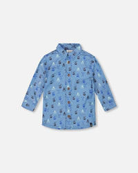 Printed Long Sleeve Button Front Chambray Shirt Blue - H20T15_000