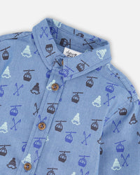 Printed Long Sleeve Button Front Chambray Shirt Blue - H20T15_000